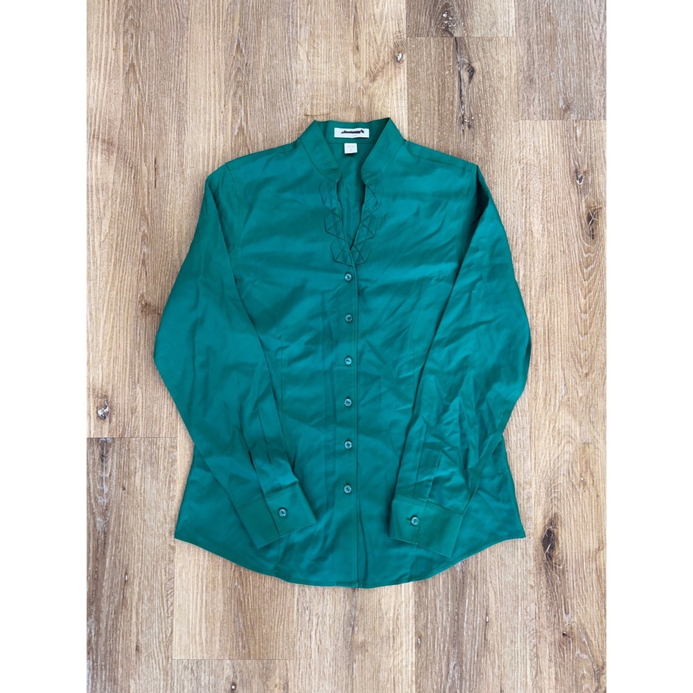 Coldwater Creek Preppy Button Down Shirt Womens S 8 Green Cotton No Iron Lattice
